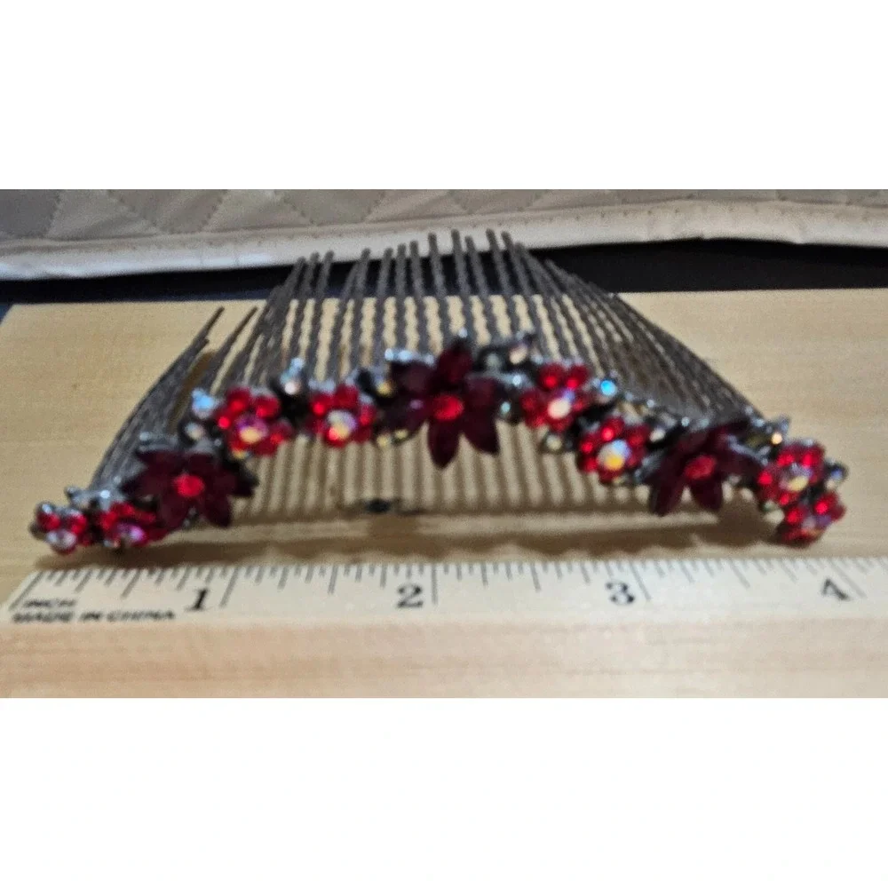 Rhinestone RED Flower‎ Hair Comb Red Crystal Bridal Headpiece Prom Y2K
